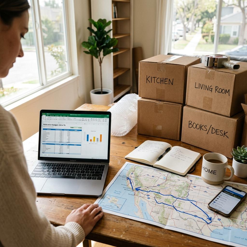 Moving boxes and a budget checklist for a California to Texas relocation