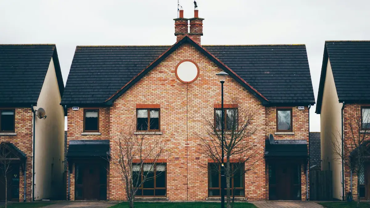 Residential moving day scene with homes and apartment buildings